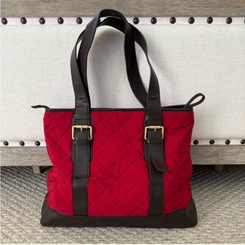 Talbots Red Quilted Brown Leather Tote Bag